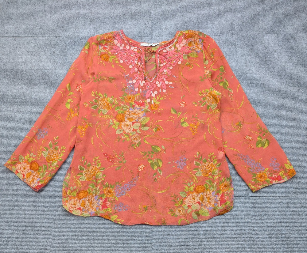 Cabi Silk Blouse Womens Small Floral Beaded Chiffon Sheer Whimsical Johnny Art